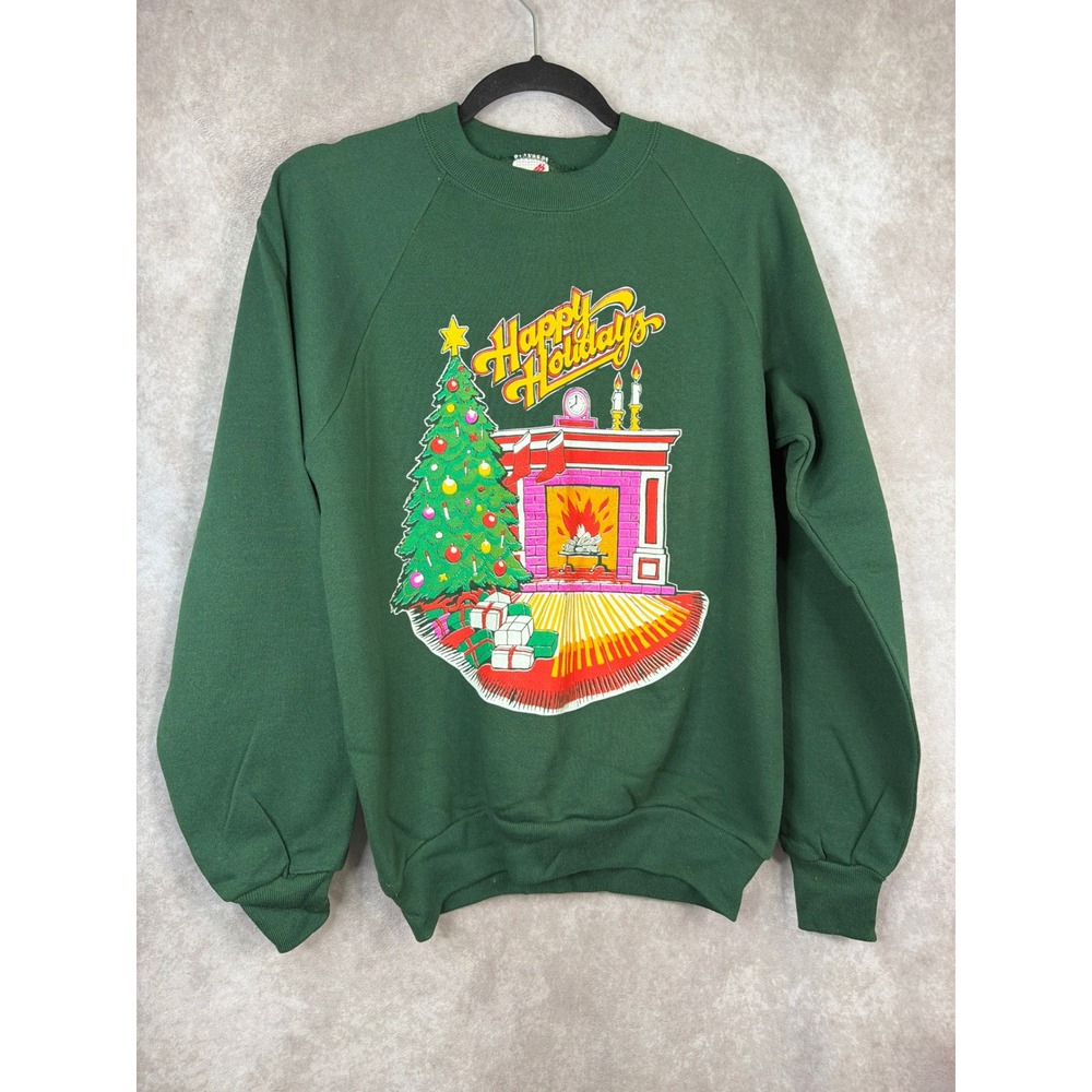 NWOT VTG 80s Jerzees Happy Holidays Christmas Tree Fireplace Sweatshirt Size Med